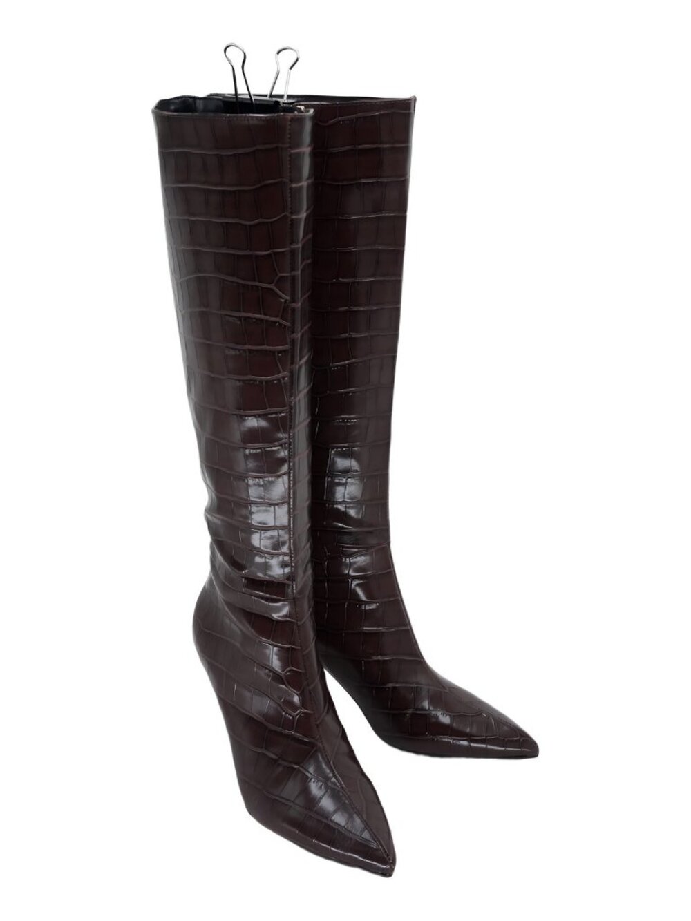 GUESS Wayla Pointed Toe Stiletto Heel Dress Boot Dark Brown Croc 7.5M - Picture 4 of 6